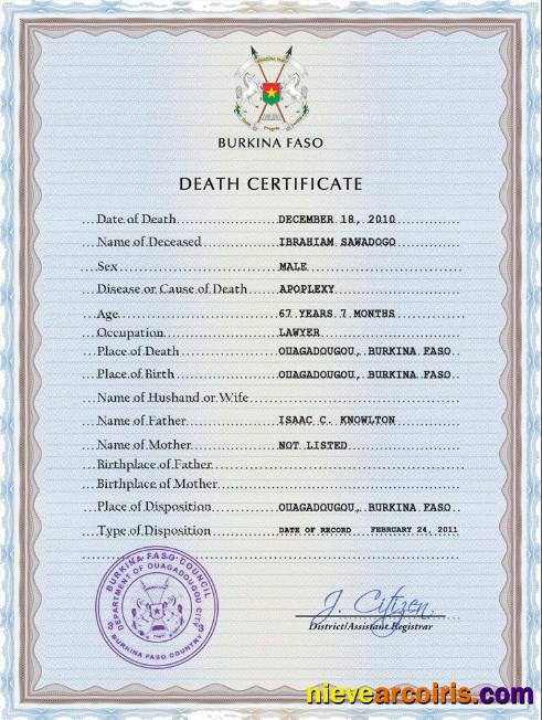 Burkina Faso vital record death certificate